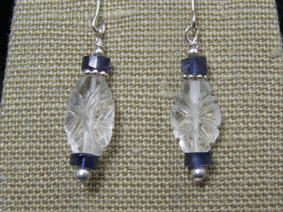 handcrafted hypoallergenic carved quartz and iolite earrings