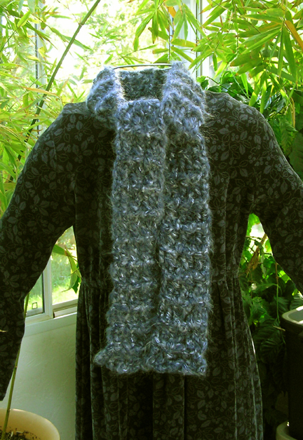 denim color mohair look crochet scarf