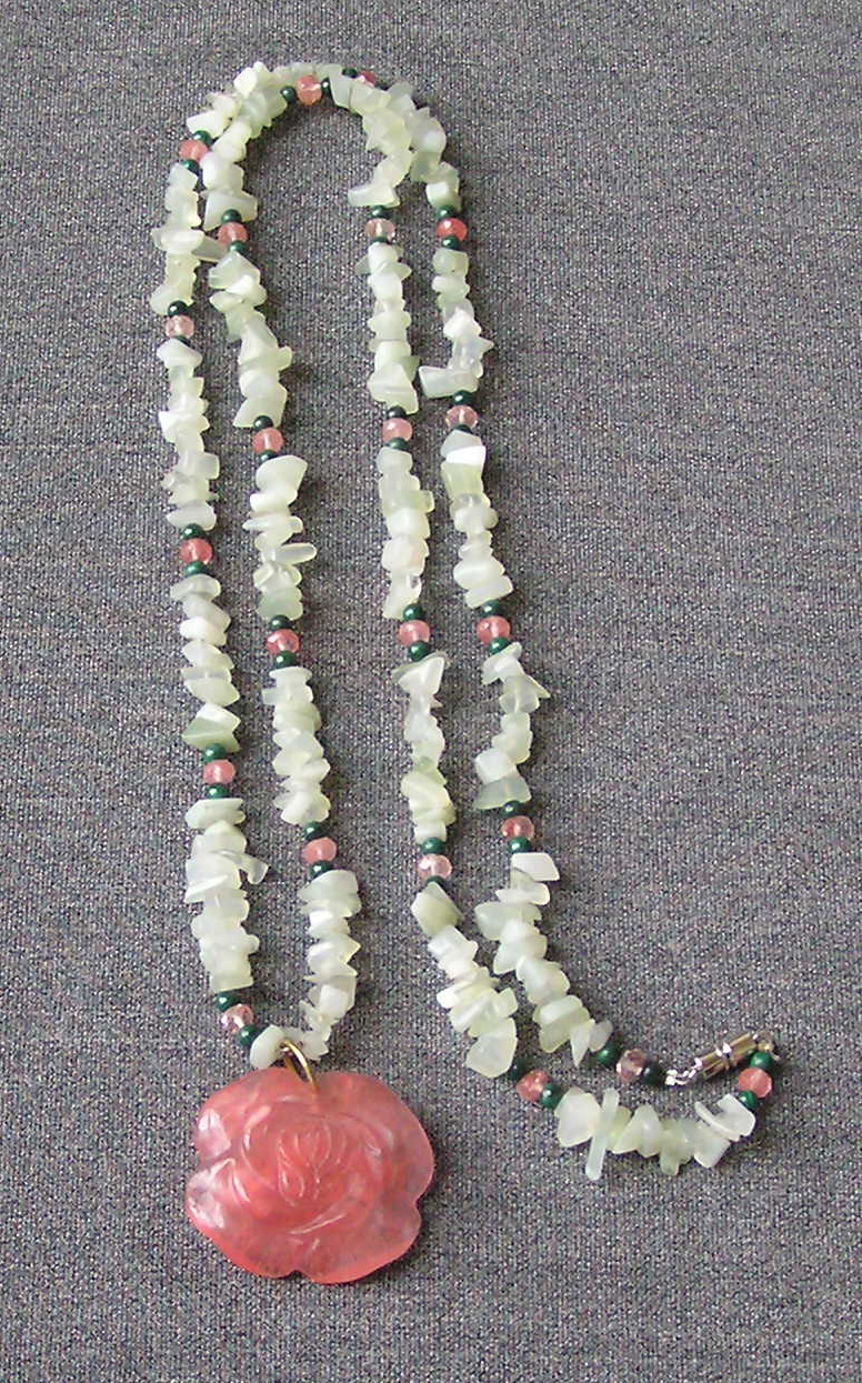 jade malachite and cherry quartz necklace
