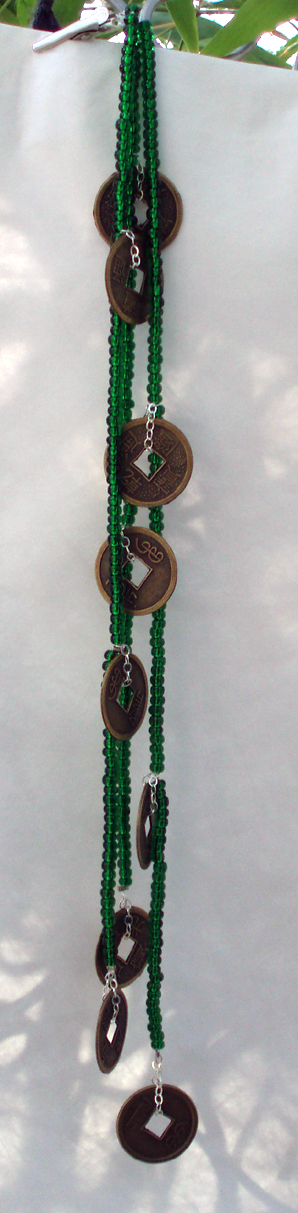 green czech beads with zen coins waterfall hair jewelry