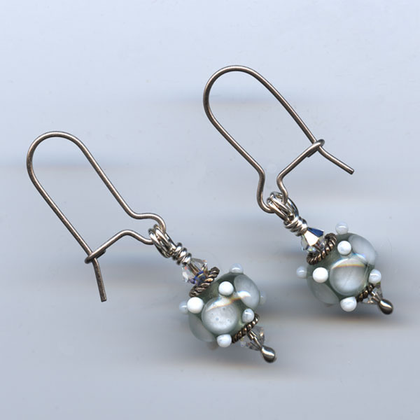 spruce lampwork bead earrings by Two Iguanas Glass