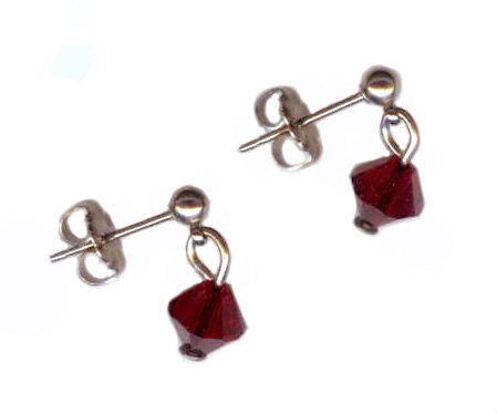 3mm titanium ball post earrings with red Swarovski Crystal drops