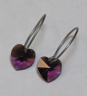 titanium sleeper earrings with amethyst swarovski heart beads