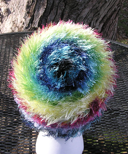 custom rainbow eyelash yarn crocheted hat back view