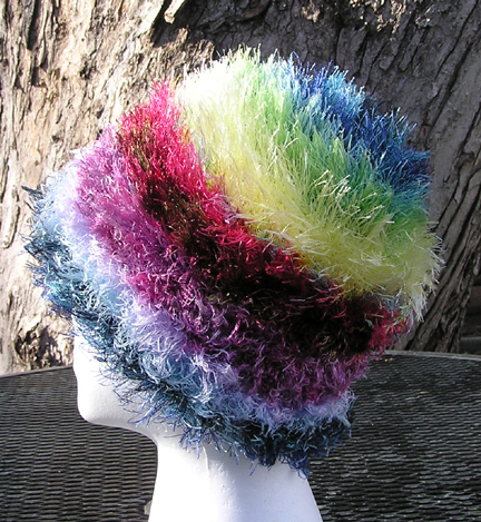 custom rainbow eyelash yarn crocheted hat side view