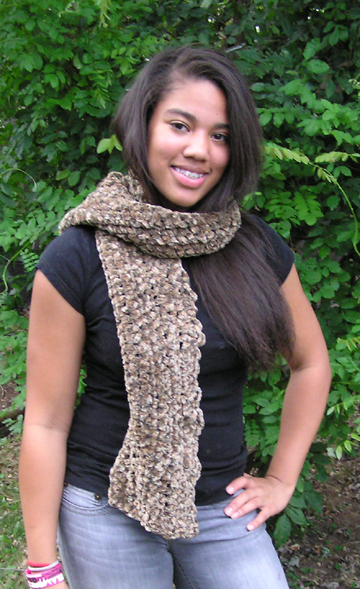 tan patterned chenille crochet scarf